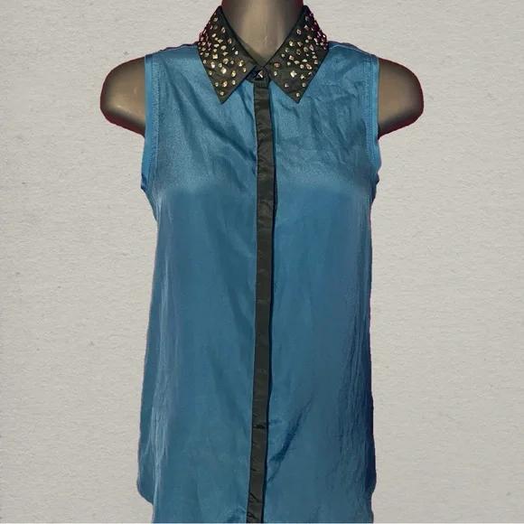 SOLD: Rock & Republic Blue Sleeve Blouse with Studded Collar - Picture 1 of 10